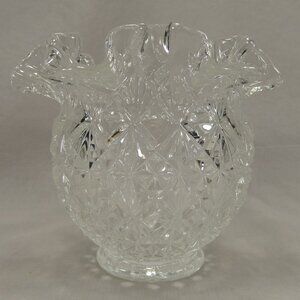 Vintage Fenton Clear Glass Ruffled Rose Bowl Vase Diamond Pattern 1980s Mark
